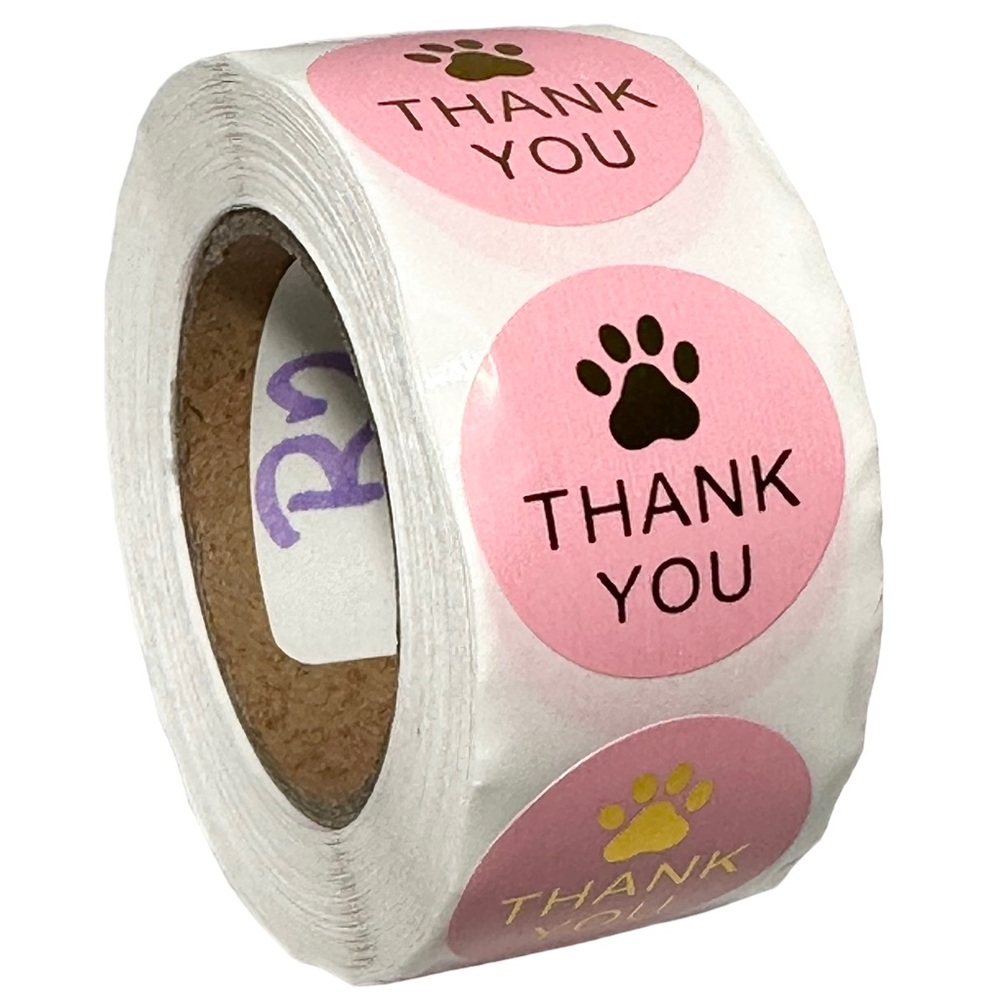 R2 Stickers 1" Thank You 500ct Gold Paw Print Pink Labels